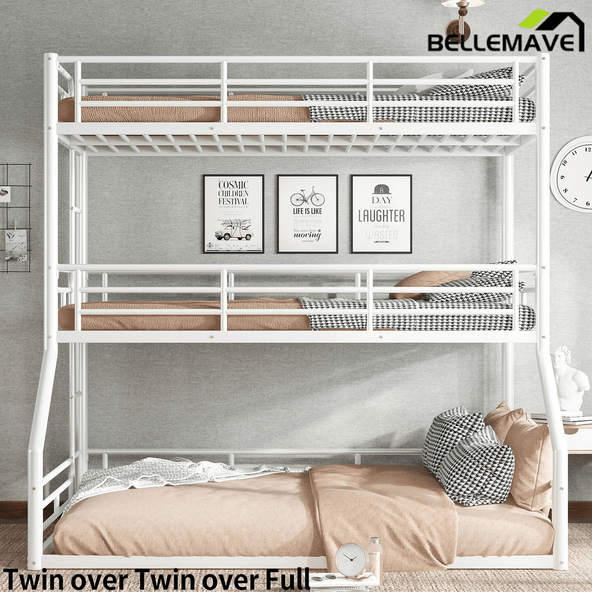 Bellemave® Twin Over Twin Over Full Metal Triple Bunk Bed with Full - Length Guardrails - Bellemave