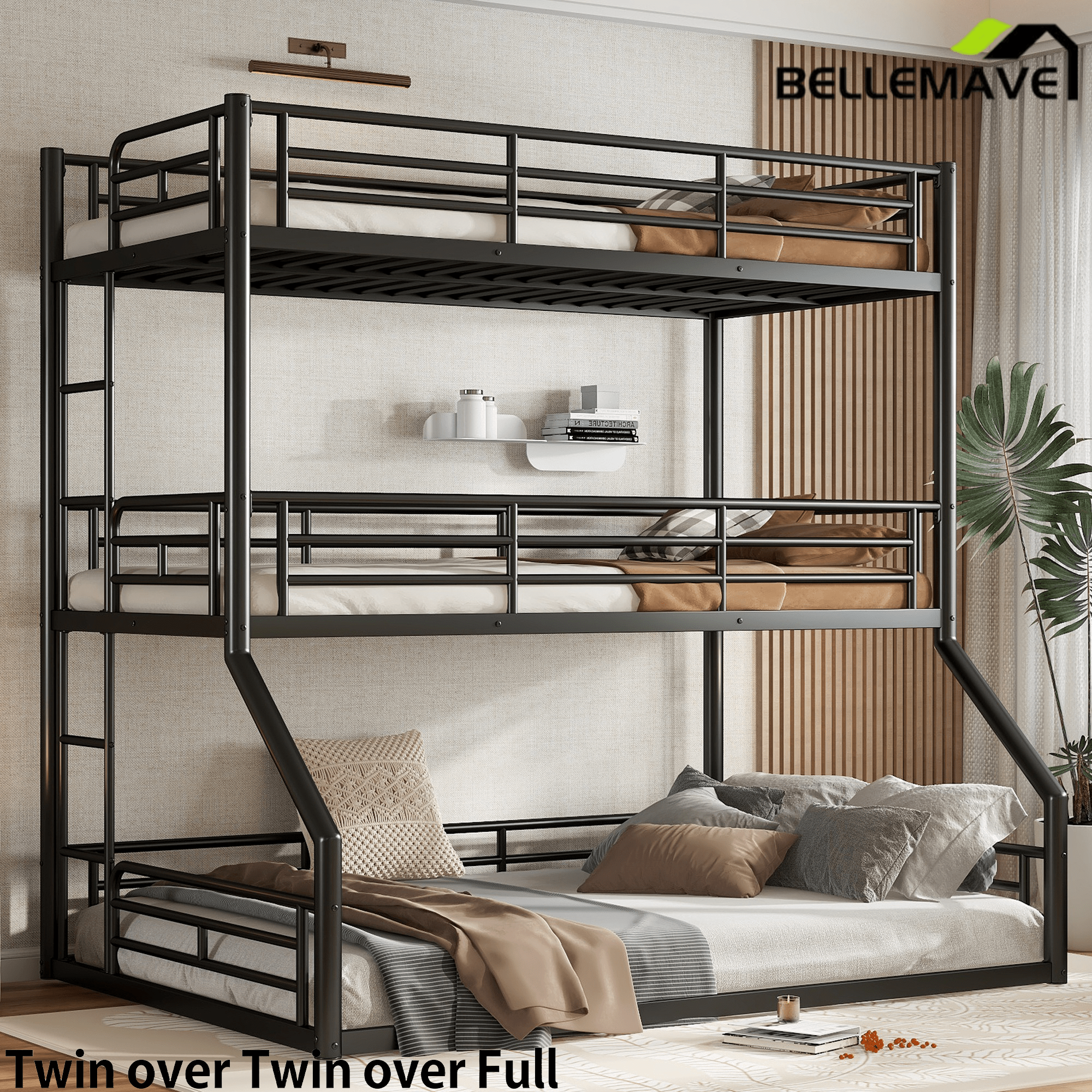 Bellemave® Twin Over Twin Over Full Metal Triple Bunk Bed with Full - Length Guardrails - Bellemave