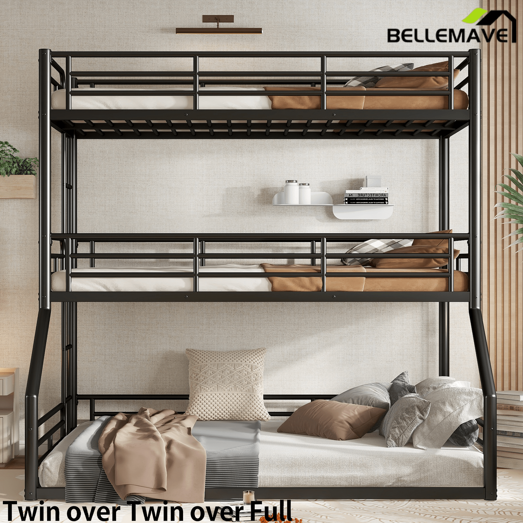 Bellemave® Twin Over Twin Over Full Metal Triple Bunk Bed with Full - Length Guardrails - Bellemave