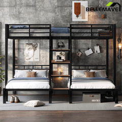 Bellemave® Twin Over Twin Over Twin Bunk Bed with Shelf and Storage Stairs, Metal Triple Bunk Bed Frame with Safety Guardrails, Black - Bellemave
