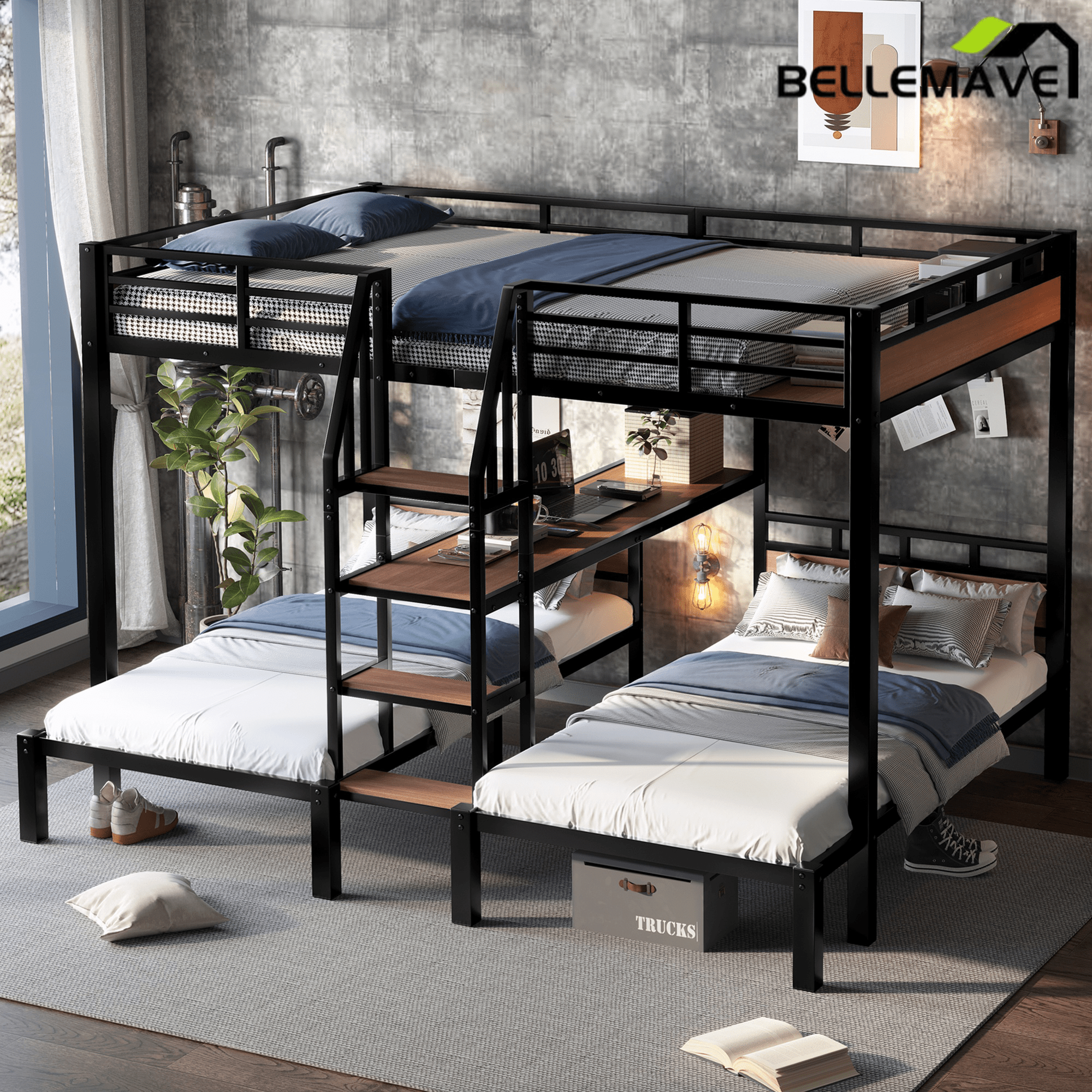 Bellemave® Twin Over Twin Over Twin Bunk Bed with Shelf and Storage Stairs, Metal Triple Bunk Bed Frame with Safety Guardrails, Black - Bellemave