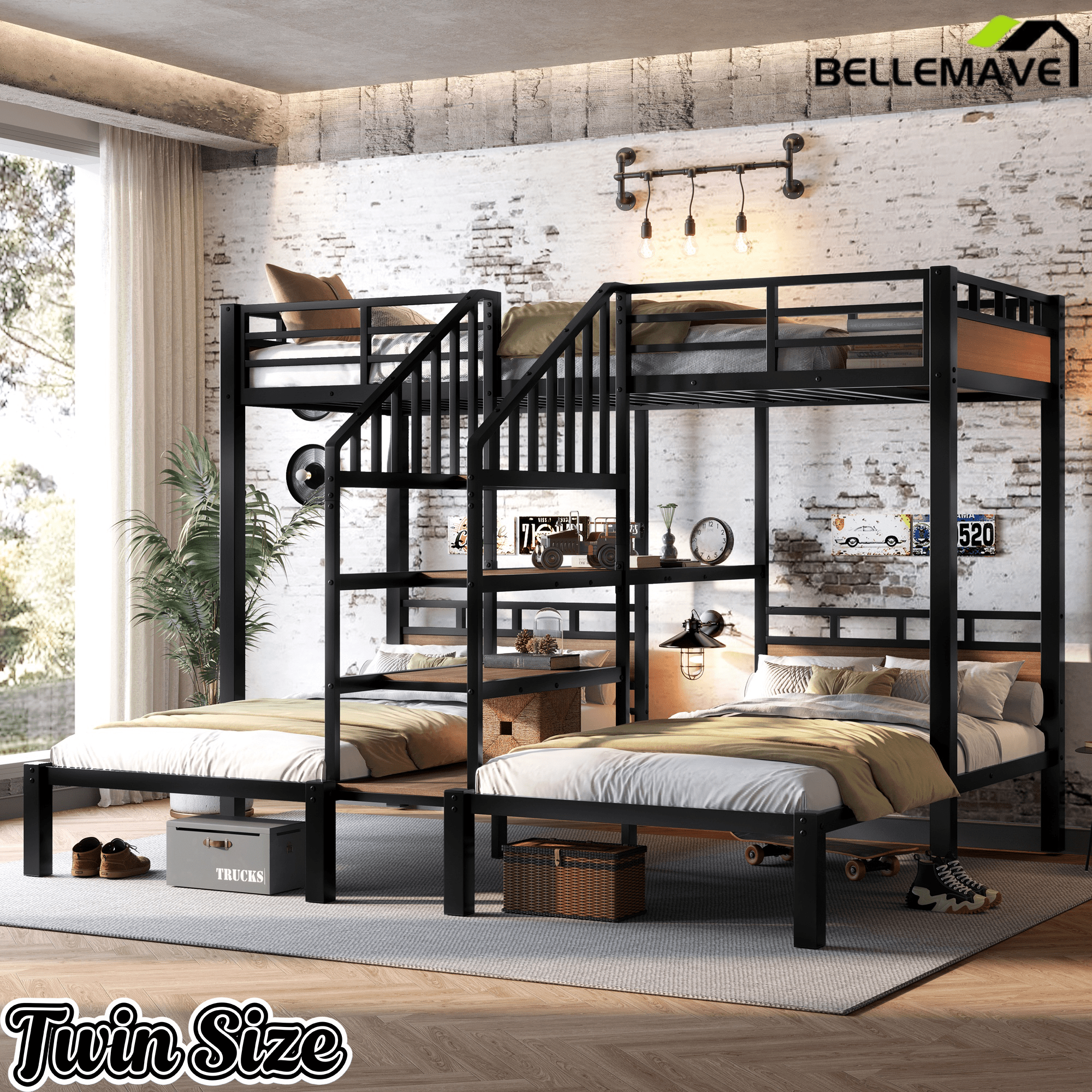 Bellemave® Twin Over Twin Over Twin Bunk Bed with Shelf and Storage Stairs, Metal Triple Bunk Bed Frame with Safety Guardrails, Black - Bellemave