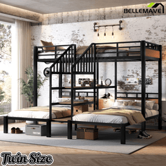 Bellemave® Twin Over Twin Over Twin Bunk Bed with Shelf and Storage Stairs, Metal Triple Bunk Bed Frame with Safety Guardrails, Black - Bellemave