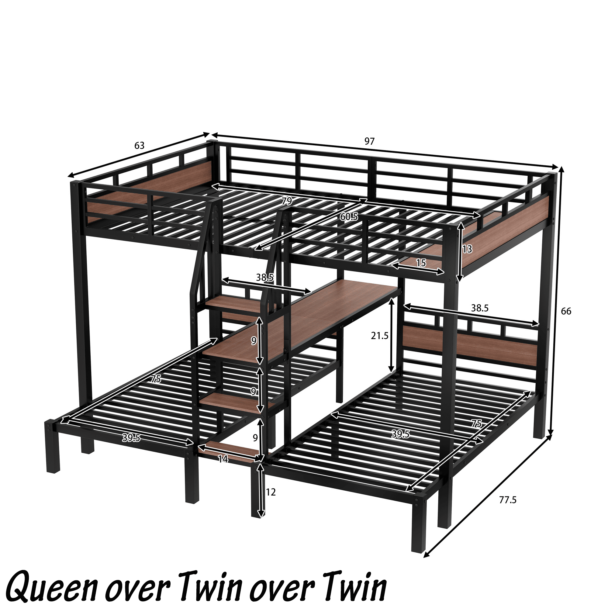 Bellemave® Twin Over Twin Over Twin Bunk Bed with Shelf and Storage Stairs, Metal Triple Bunk Bed Frame with Safety Guardrails, Black - Bellemave