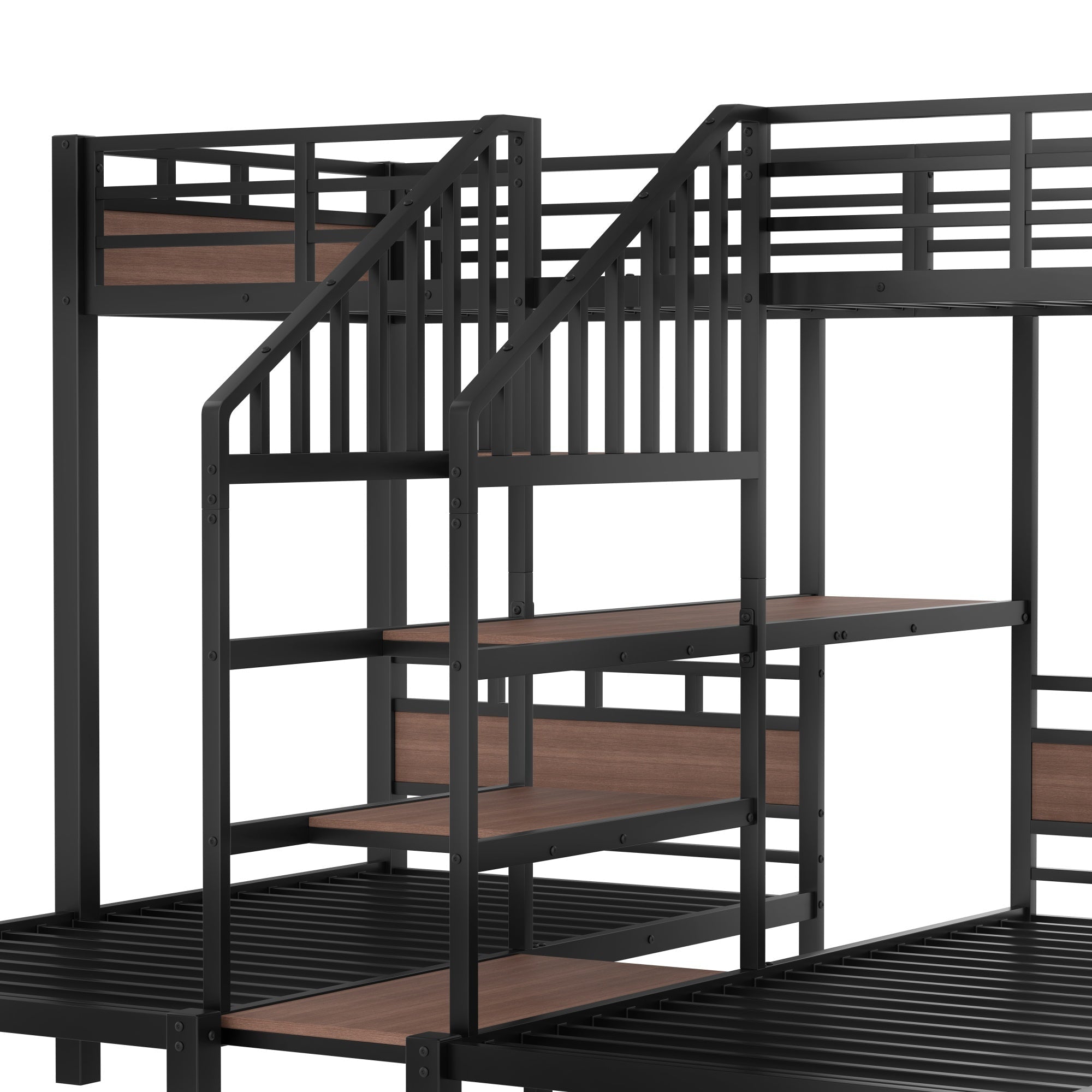 Bellemave® Twin Over Twin Over Twin Bunk Bed with Shelf and Storage Stairs, Metal Triple Bunk Bed Frame with Safety Guardrails, Black - Bellemave