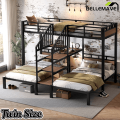 Bellemave® Twin Over Twin Over Twin Bunk Bed with Shelf and Storage Stairs, Metal Triple Bunk Bed Frame with Safety Guardrails, Black - Bellemave