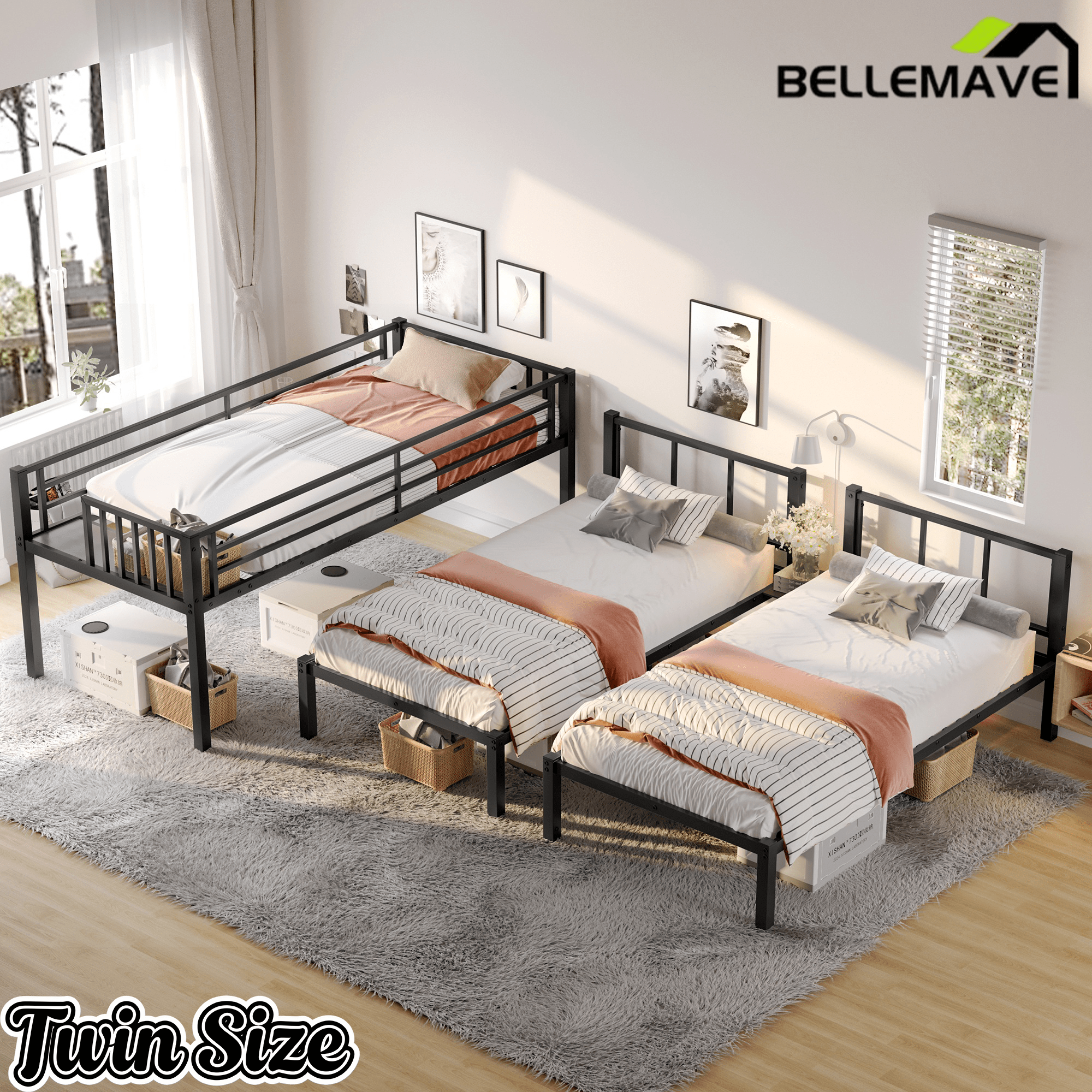 Bellemave® Twin Over Twin Over Twin Bunk Beds for 3 Kids,Metal Triple Bunk Bed with Built - in Desk,Twin Size Triple Bed, Black - Bellemave