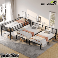Bellemave® Twin Over Twin Over Twin Bunk Beds for 3 Kids,Metal Triple Bunk Bed with Built - in Desk,Twin Size Triple Bed, Black - Bellemave