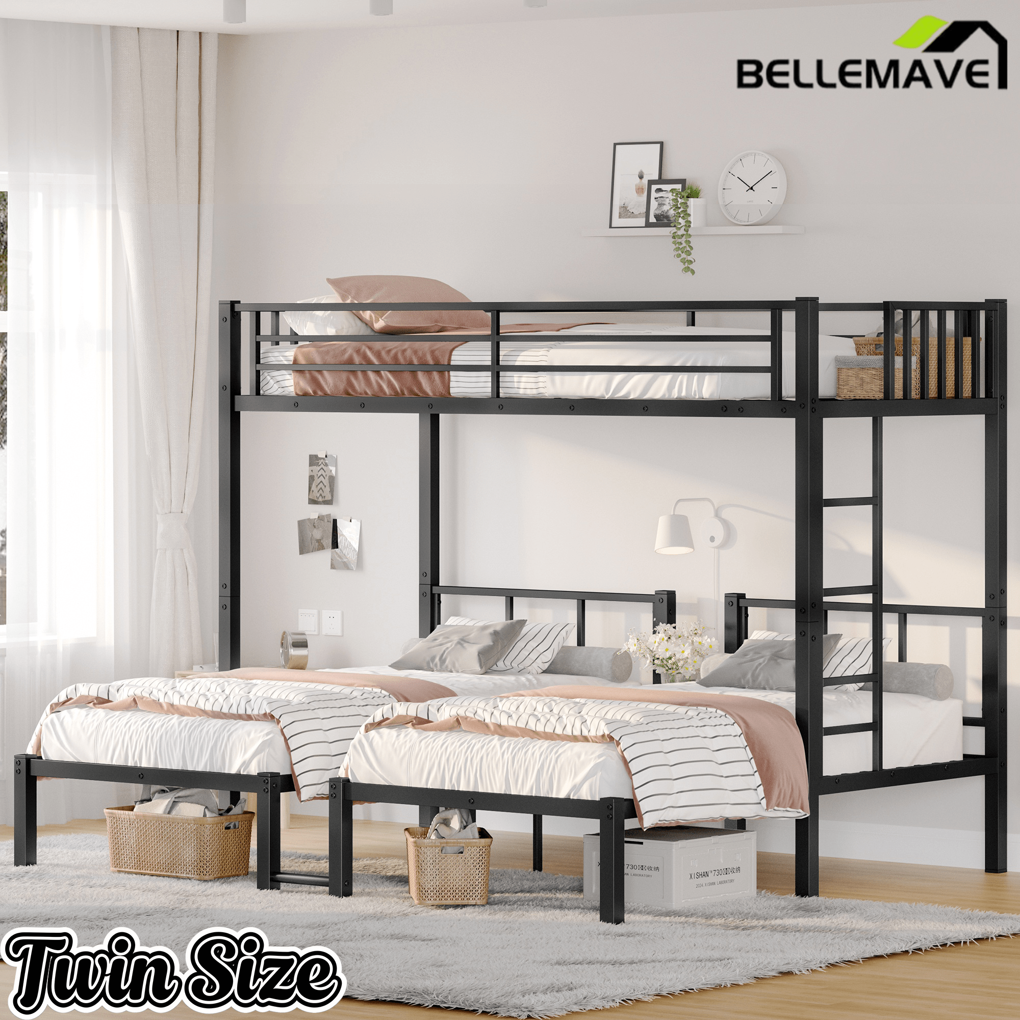 Bellemave® Twin Over Twin Over Twin Bunk Beds for 3 Kids,Metal Triple Bunk Bed with Built - in Desk,Twin Size Triple Bed, Black - Bellemave