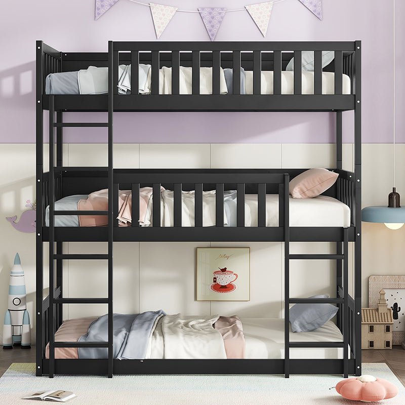 Bellemave® Twin over Twin over Twin Rubber Wood Triple Bunk Bed with Ladders and Guardrails(Detachable) - Bellemave