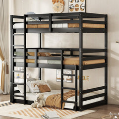 Bellemave® Twin over Twin over Twin Rubber Wood Triple Bunk Bed with Ladders and Guardrails(Detachable) - Bellemave
