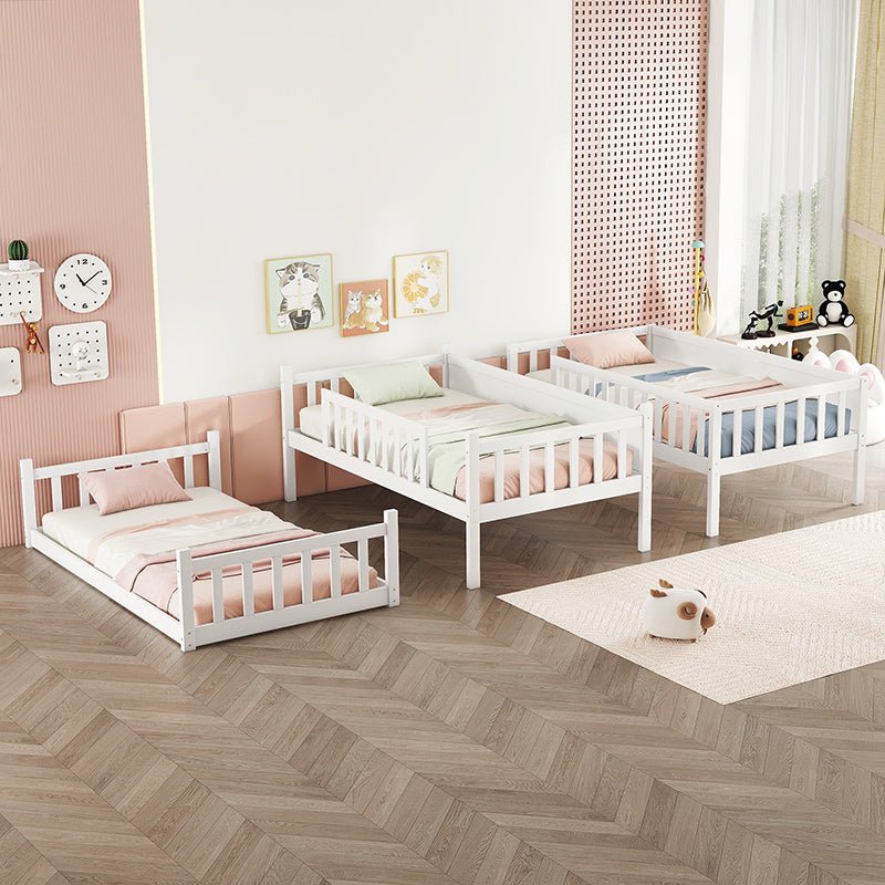 Bellemave® Twin over Twin over Twin Rubber Wood Triple Bunk Bed with Ladders and Guardrails(Detachable) - Bellemave