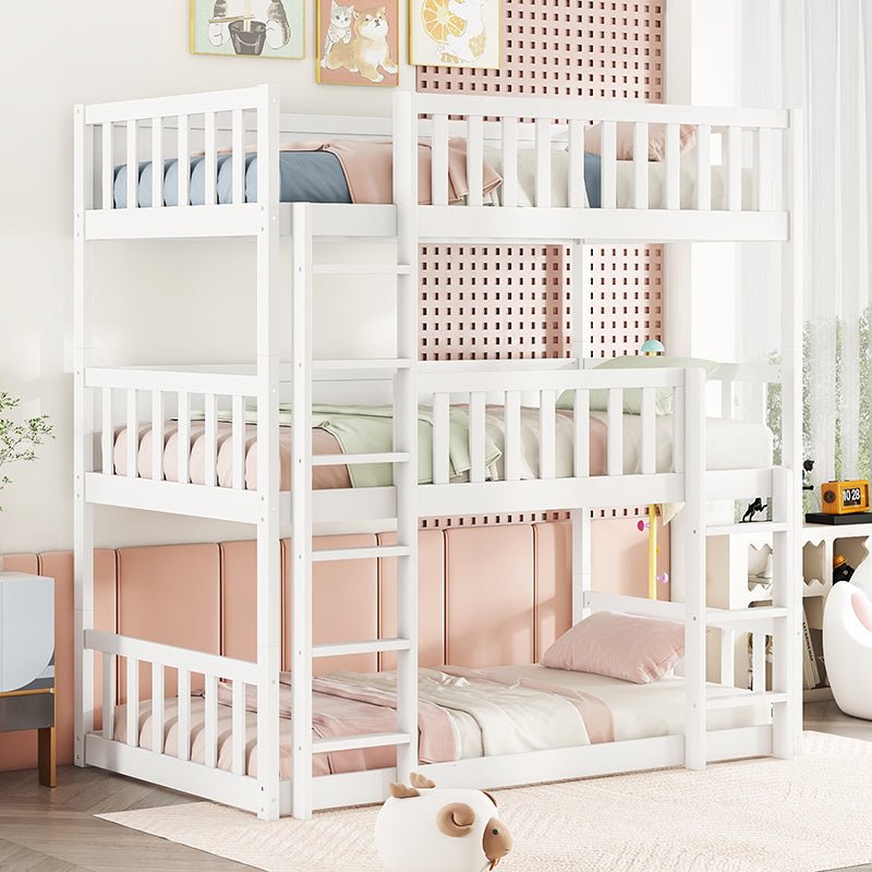 Bellemave® Twin over Twin over Twin Rubber Wood Triple Bunk Bed with Ladders and Guardrails(Detachable) - Bellemave