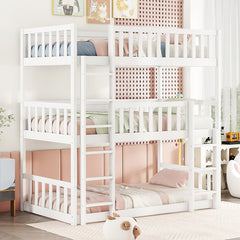 Bellemave® Twin over Twin over Twin Rubber Wood Triple Bunk Bed with Ladders and Guardrails(Detachable) - Bellemave