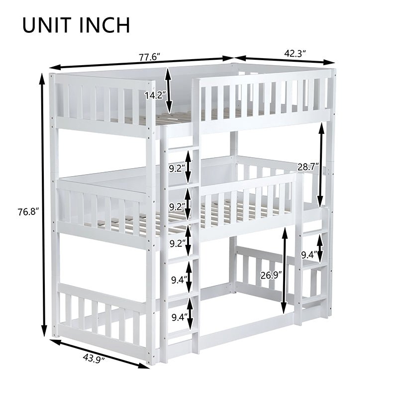 Bellemave® Twin over Twin over Twin Rubber Wood Triple Bunk Bed with Ladders and Guardrails(Detachable) - Bellemave