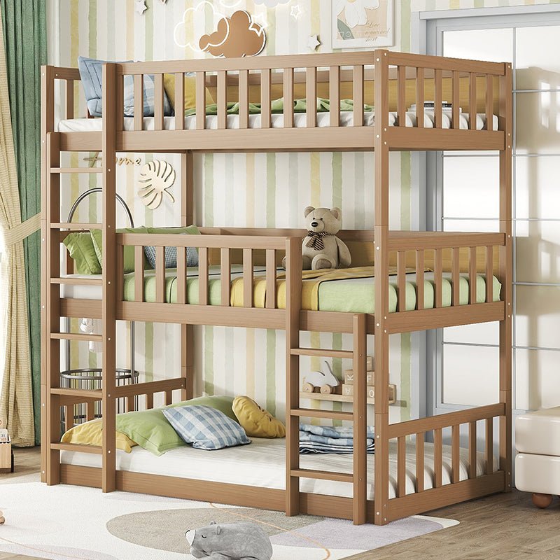 Bellemave® Twin over Twin over Twin Rubber Wood Triple Bunk Bed with Ladders and Guardrails(Detachable) - Bellemave