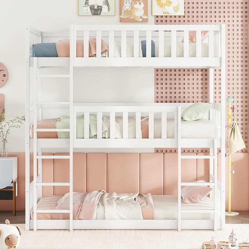 Bellemave® Twin over Twin over Twin Rubber Wood Triple Bunk Bed with Ladders and Guardrails(Detachable) - Bellemave