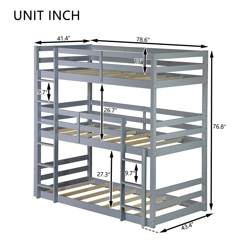 Bellemave® Twin over Twin over Twin Rubber Wood Triple Bunk Bed with Ladders and Guardrails(Detachable) - Bellemave