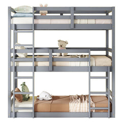 Bellemave® Twin over Twin over Twin Rubber Wood Triple Bunk Bed with Ladders and Guardrails(Detachable) - Bellemave