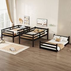 Bellemave® Twin over Twin over Twin Rubber Wood Triple Bunk Bed with Ladders and Guardrails(Detachable) - Bellemave