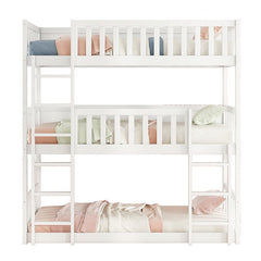Bellemave® Twin over Twin over Twin Rubber Wood Triple Bunk Bed with Ladders and Guardrails(Detachable) - Bellemave