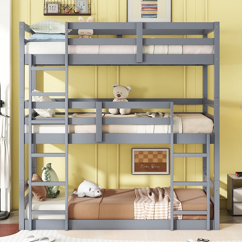 Bellemave® Twin over Twin over Twin Rubber Wood Triple Bunk Bed with Ladders and Guardrails(Detachable) - Bellemave