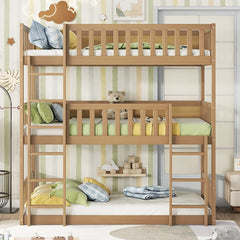 Bellemave® Twin over Twin over Twin Rubber Wood Triple Bunk Bed with Ladders and Guardrails(Detachable) - Bellemave