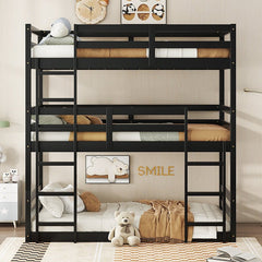 Bellemave® Twin over Twin over Twin Rubber Wood Triple Bunk Bed with Ladders and Guardrails(Detachable) - Bellemave