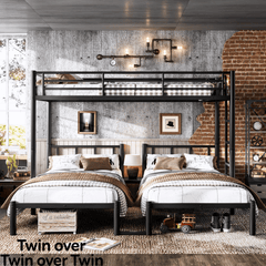 Bellemave® Twin Over Twin Over Twin Size Triple Bunk Bed for 3 with Guardrails & Ladder, Heavy Duty Metal Bunk Bed for Teens & Adults - Bellemave