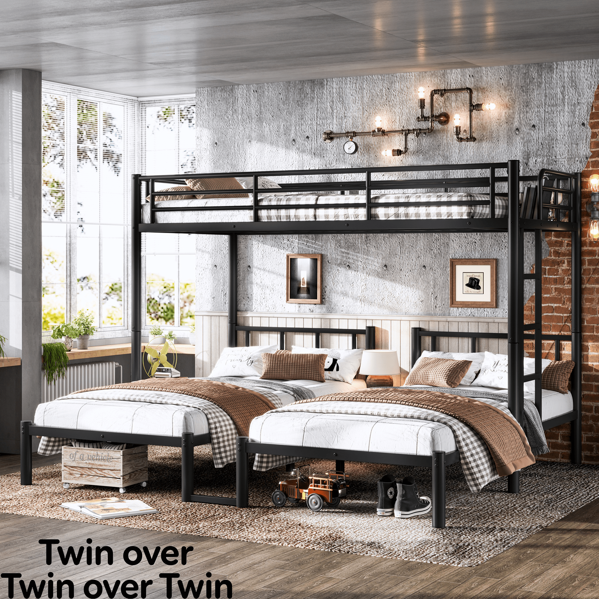 Bellemave® Twin Over Twin Over Twin Size Triple Bunk Bed for 3 with Guardrails & Ladder, Heavy Duty Metal Bunk Bed for Teens & Adults - Bellemave