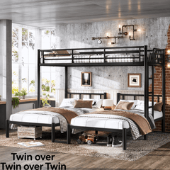 Bellemave® Twin Over Twin Over Twin Size Triple Bunk Bed for 3 with Guardrails & Ladder, Heavy Duty Metal Bunk Bed for Teens & Adults - Bellemave