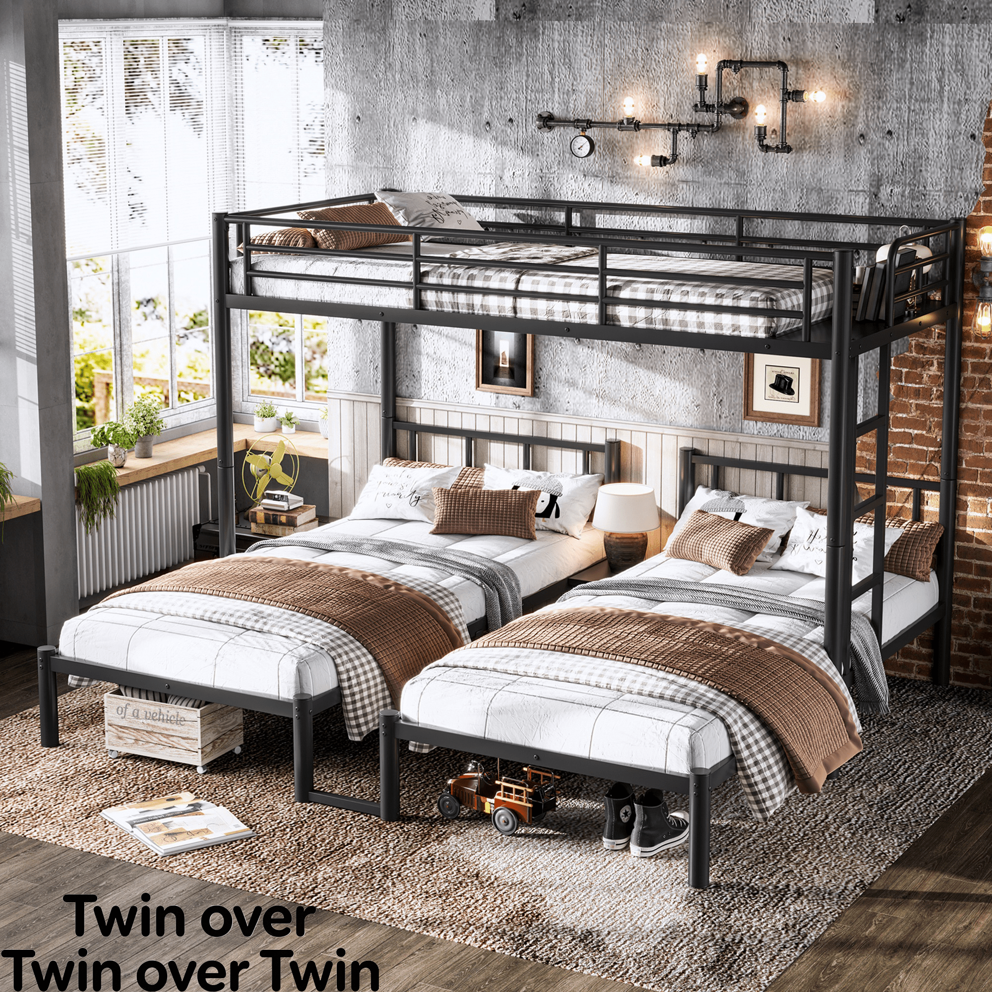 Bellemave® Twin Over Twin Over Twin Size Triple Bunk Bed for 3 with Guardrails & Ladder, Heavy Duty Metal Bunk Bed for Teens & Adults - Bellemave