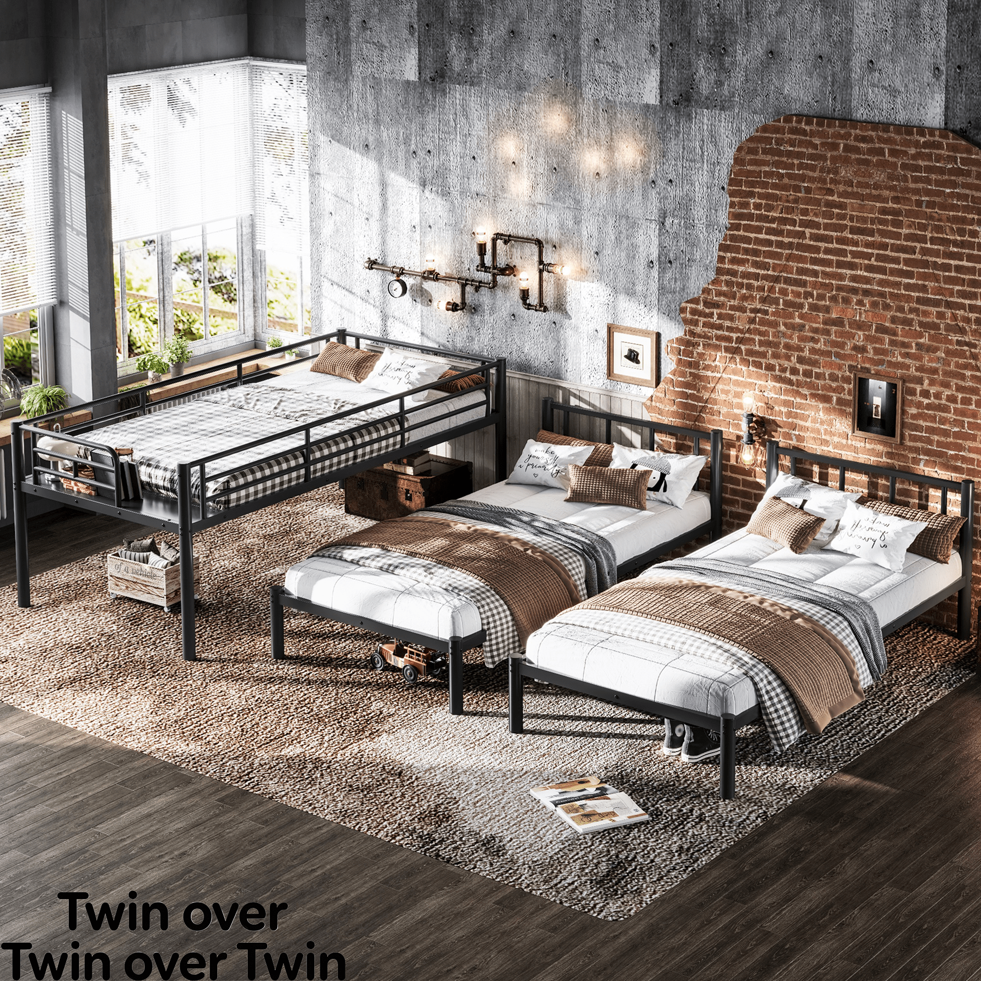 Bellemave® Twin Over Twin Over Twin Size Triple Bunk Bed for 3 with Guardrails & Ladder, Heavy Duty Metal Bunk Bed for Teens & Adults - Bellemave