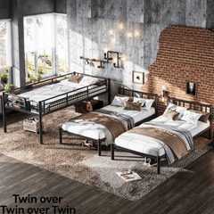 Bellemave® Twin Over Twin Over Twin Size Triple Bunk Bed for 3 with Guardrails & Ladder, Heavy Duty Metal Bunk Bed for Teens & Adults - Bellemave