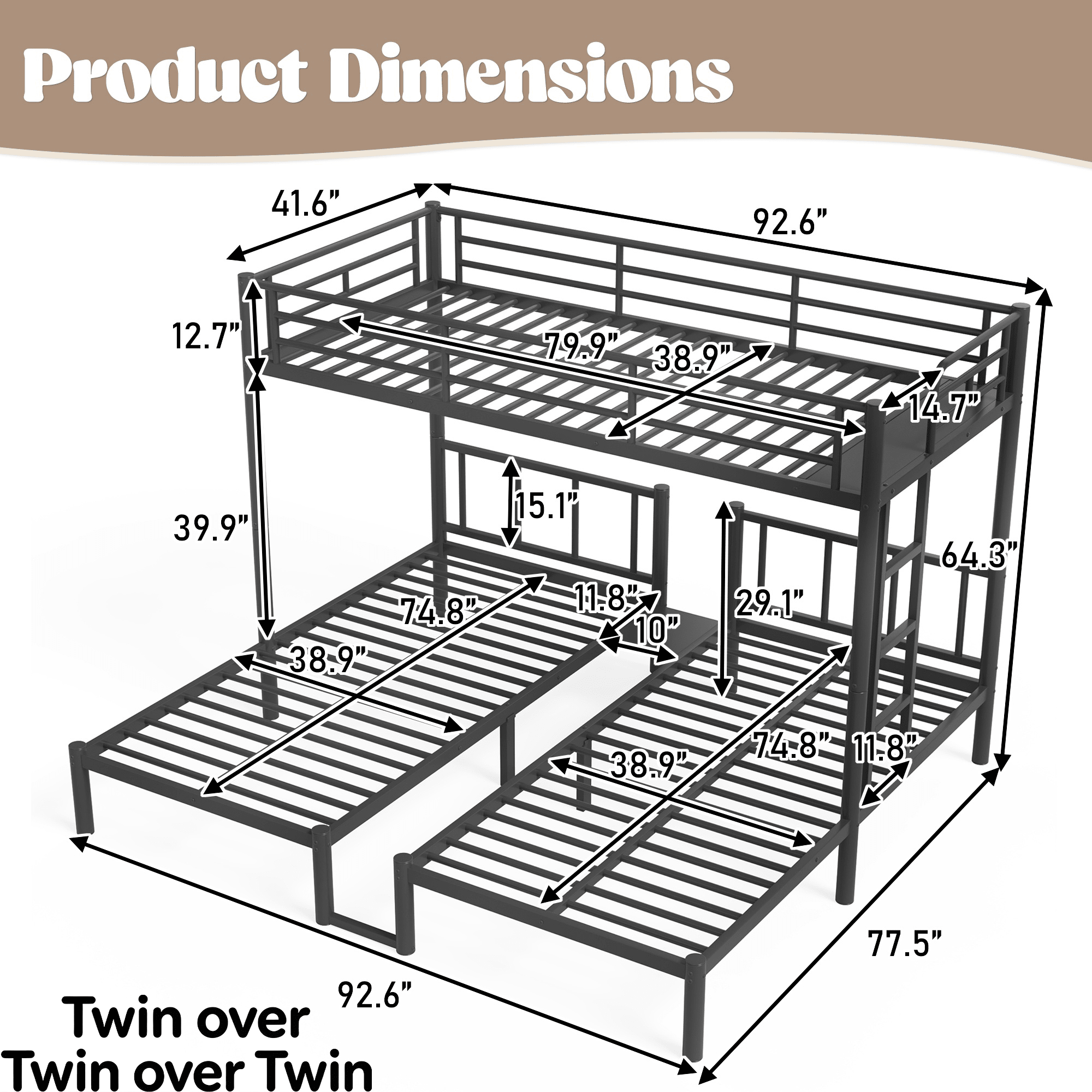 Bellemave® Twin Over Twin Over Twin Size Triple Bunk Bed for 3 with Guardrails & Ladder, Heavy Duty Metal Bunk Bed for Teens & Adults - Bellemave