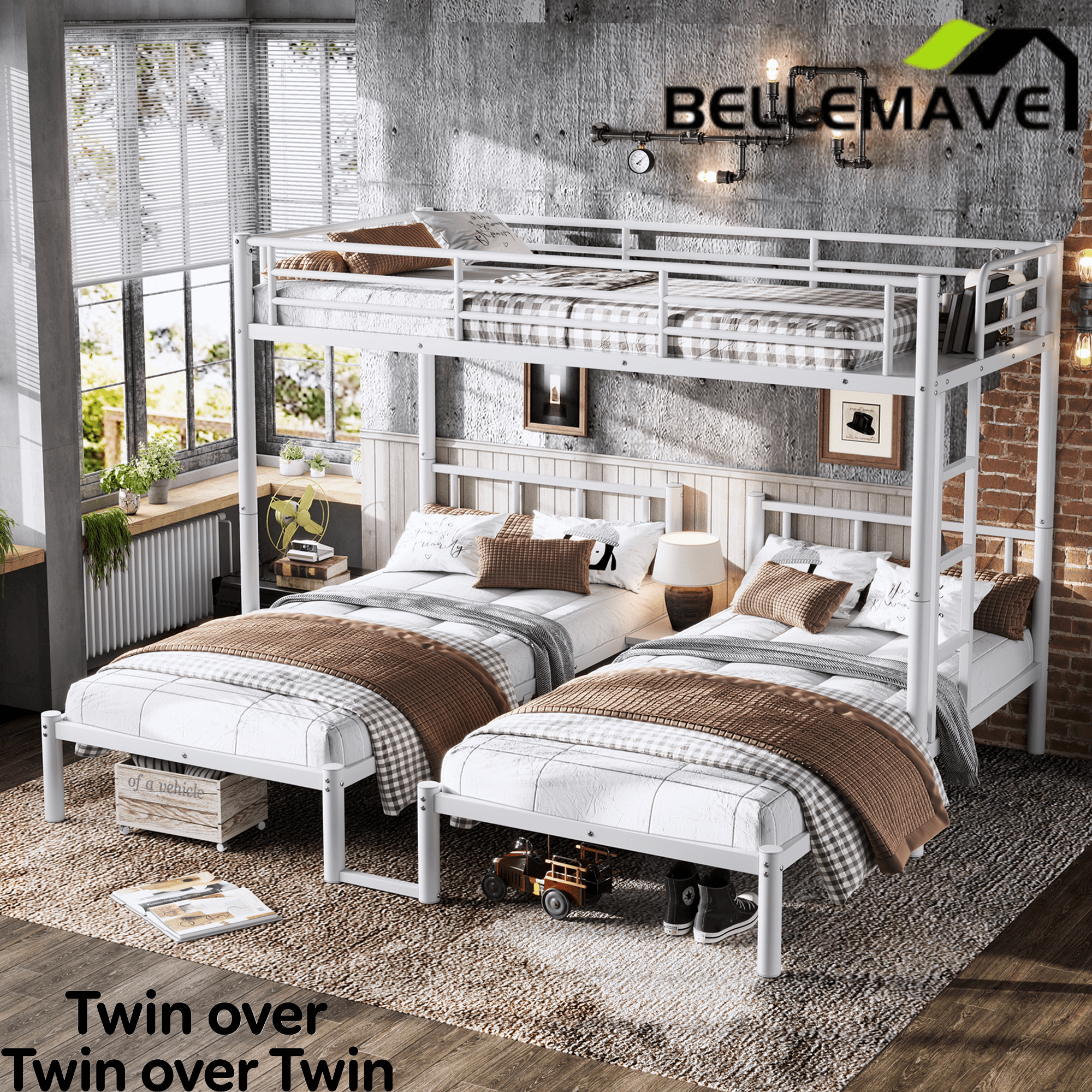 Bellemave® Twin Over Twin Over Twin Size Triple Bunk Bed for 3 with Guardrails & Ladder, Heavy Duty Metal Bunk Bed for Teens & Adults - Bellemave