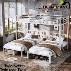Bellemave® Twin Over Twin Over Twin Size Triple Bunk Bed for 3 with Guardrails & Ladder, Heavy Duty Metal Bunk Bed for Teens & Adults - Bellemave