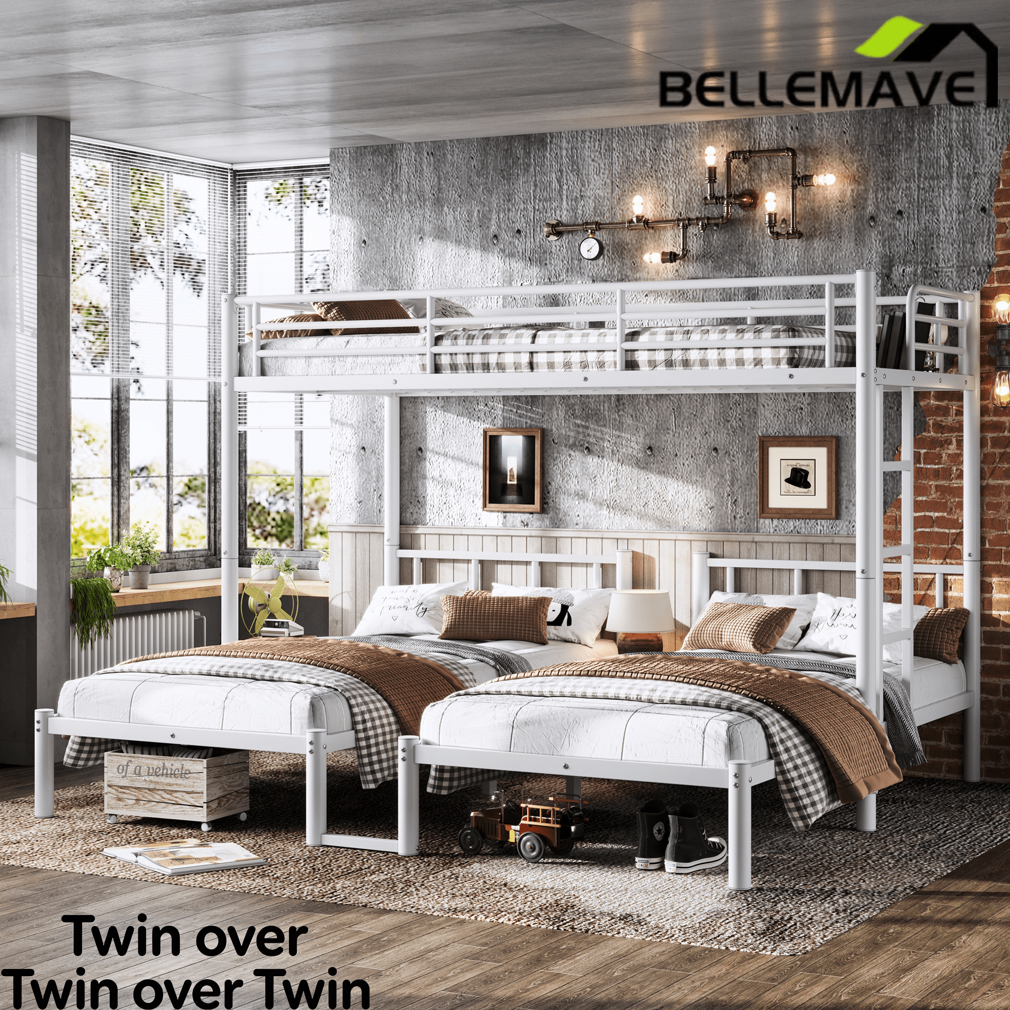 Bellemave® Twin Over Twin Over Twin Size Triple Bunk Bed for 3 with Guardrails & Ladder, Heavy Duty Metal Bunk Bed for Teens & Adults - Bellemave