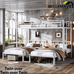 Bellemave® Twin Over Twin Over Twin Size Triple Bunk Bed for 3 with Guardrails & Ladder, Heavy Duty Metal Bunk Bed for Teens & Adults - Bellemave