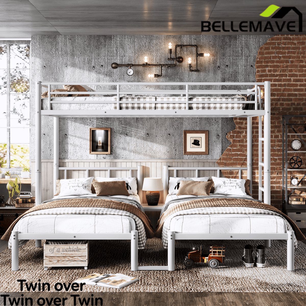 Bellemave® Twin Over Twin Over Twin Size Triple Bunk Bed for 3 with Guardrails & Ladder, Heavy Duty Metal Bunk Bed for Teens & Adults - Bellemave