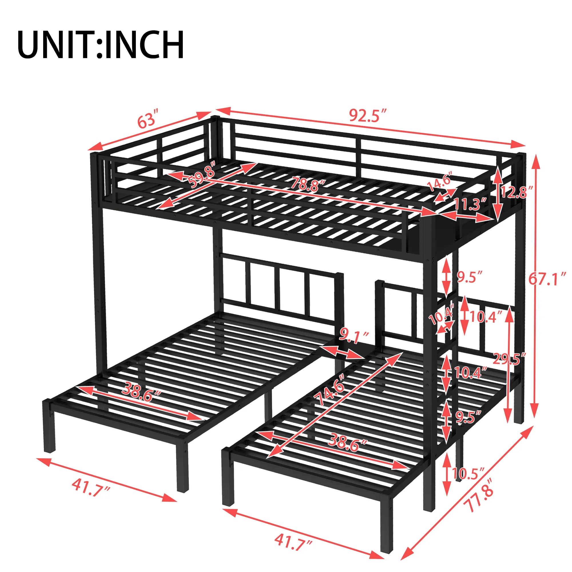 Bellemave® Twin over Twin & Queen Bunk Bed, Metal Triple Bunk Bed with Safety Guardrails - Bellemave