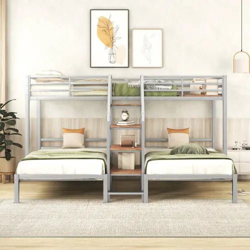Bellemave® Twin over Twin & Twin Metal Triple Bunk Bed with Storage Shelves Staircase - Bellemave