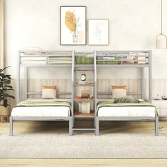 Bellemave® Twin over Twin & Twin Metal Triple Bunk Bed with Storage Shelves Staircase - Bellemave