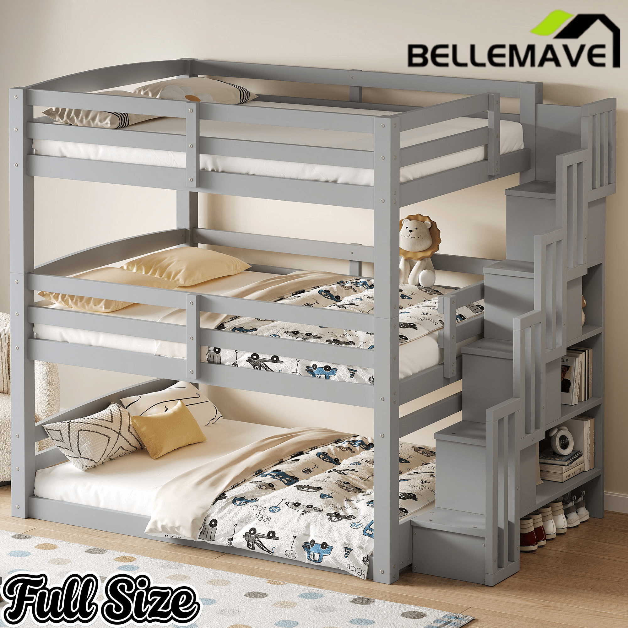 Bellemave® Twin over Twin & Twin Triple Bunk Bed with Storage Staircase - Bellemave