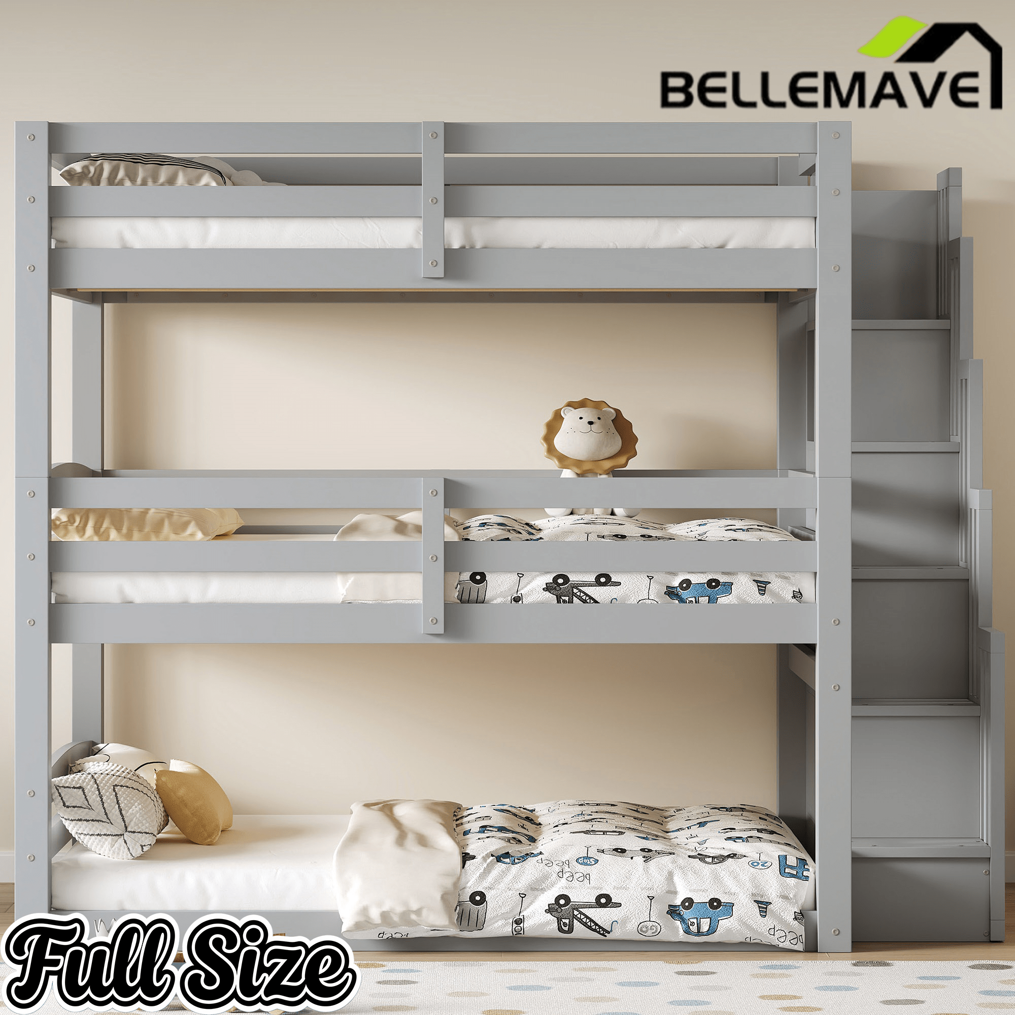 Bellemave® Twin over Twin & Twin Triple Bunk Bed with Storage Staircase - Bellemave