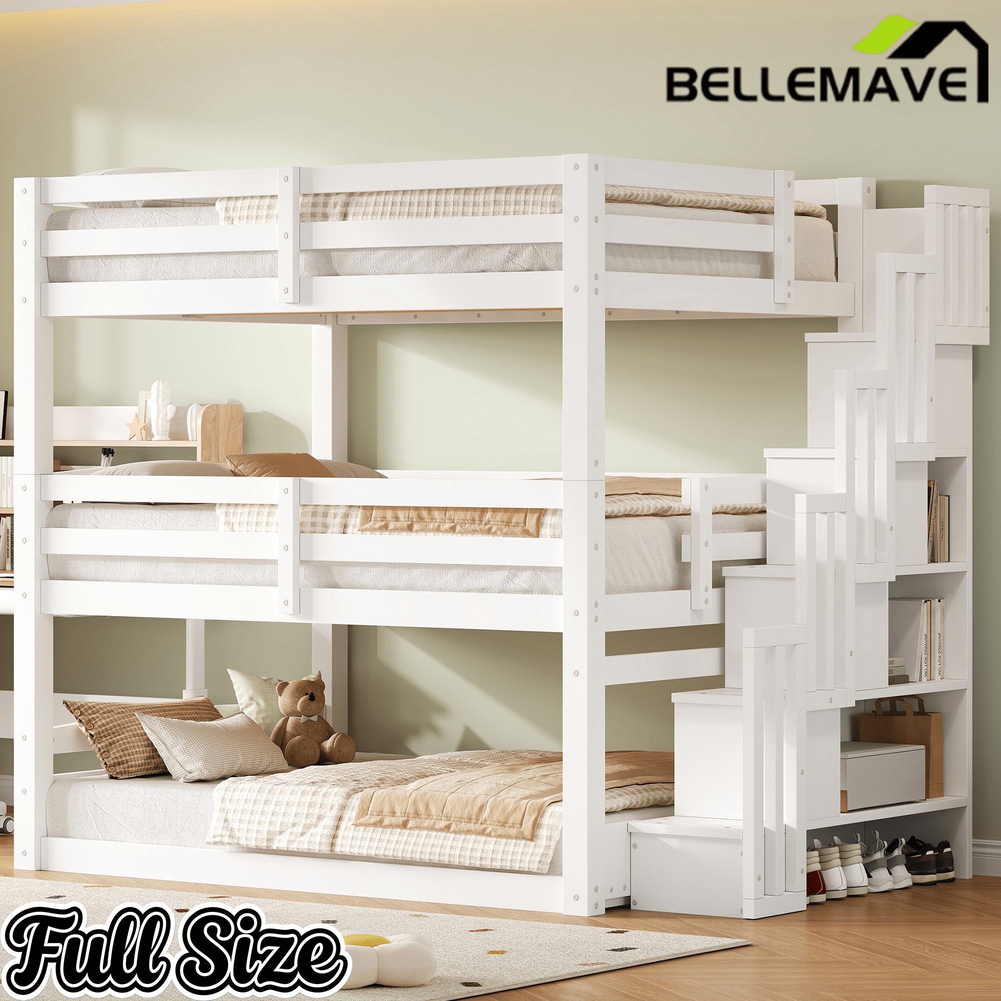 Bellemave® Twin over Twin & Twin Triple Bunk Bed with Storage Staircase - Bellemave