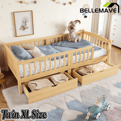 Bellemave® Twin Platform Bed with Full - Length Guardrails & Storage Drawers, Kids Low Bed with Cute Headboard, No Box Spring Needed, White - Bellemave