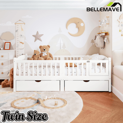 Bellemave® Twin Platform Bed with Full - Length Guardrails & Storage Drawers, Kids Low Bed with Cute Headboard, No Box Spring Needed, White - Bellemave
