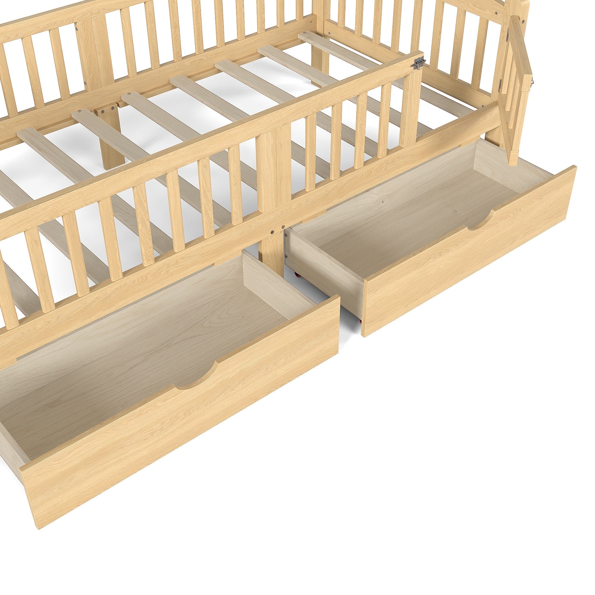 Bellemave® Twin Platform Bed with Full - Length Guardrails & Storage Drawers, Kids Low Bed with Cute Headboard, No Box Spring Needed, White - Bellemave