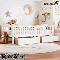 Bellemave® Twin Platform Bed with Full - Length Guardrails & Storage Drawers, Kids Low Bed with Cute Headboard, No Box Spring Needed, White - Bellemave